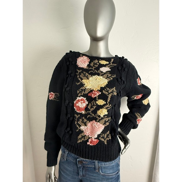 Vintage 90s Liz Claiborne Hand Knit Floral Puff Sleeve Whimsygoth Sweater S - Picture 6 of 7